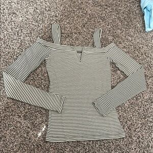 Chic Olive and White Off The Shoulder Striped Long Sleeve Top